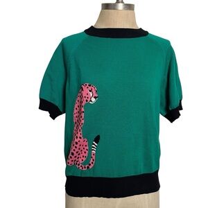 Pink Leopard Graphic Sweater Top Green Cotton Knit Short Sleeve